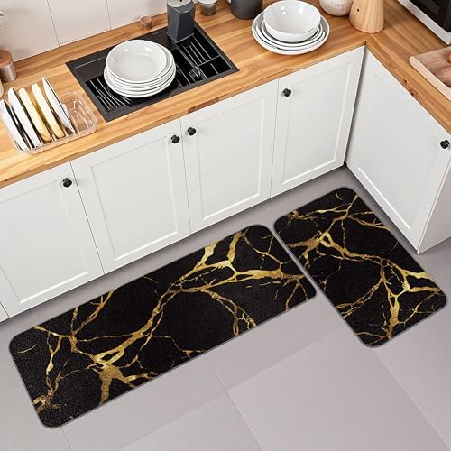 Tyrot Gold Black Kitchen Mats for Floor 2 Pcs 17.3"X28"+17.3"X47"