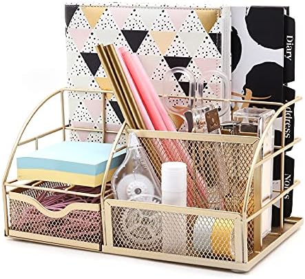 Exerz Desk Organizer Metal Mesh 7 Compartments Office Tidy Caddy Gold