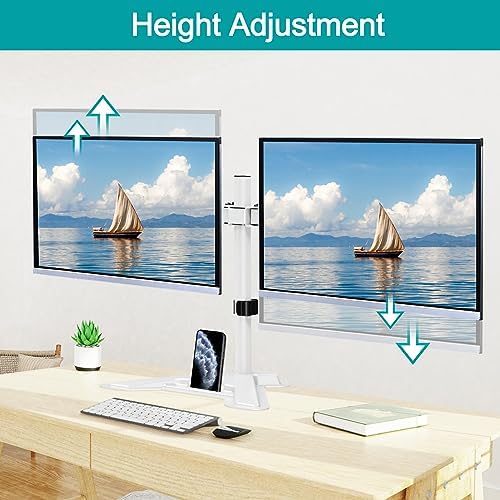 MOUNT PRO Dual Monitor Stand, Free-Standing Full Motion Monitor Desk Mount Fits 2 Screens up to 27 inches,17.6lbs with Height Adjustable, Swivel, Tilt, Rotation, VESA 75x75 100x100,White