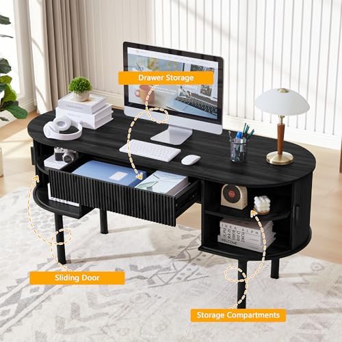 ORRD Home Office Oval Desk with Sliding Tambour Door and Drawer, Modern Fluted Wood Executive Computer Storage Desk for Study, Living Room, Bedroom, Office - Black