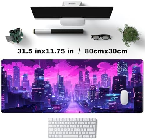 Desk Pad Cyberpunk Purple Desk Mat City Skyline Gaming Extended Mouse Pad Big Office Keyboard Pc Laptop for Women Large Mousepad with Stitched Eges Non-Slip Base Mouse Keyboard Mat 31.5x11.8 in