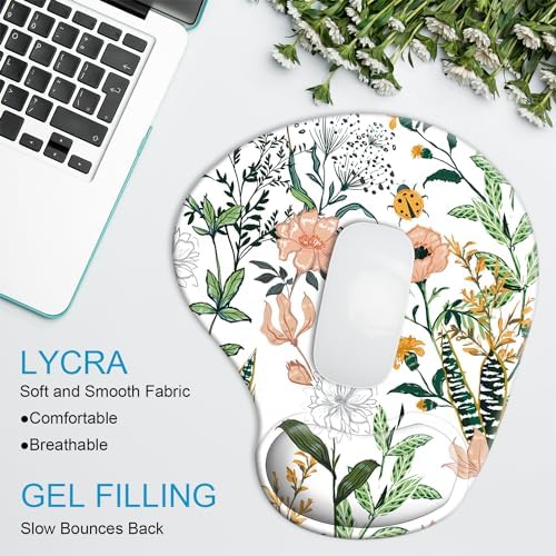 Ergonomic Mouse Pad with Wrist Rest Support Gel with Coaster, Cute Wrist Pad with Non-Slip Rubber Base, Easy Typing & Pain Relief, Floral