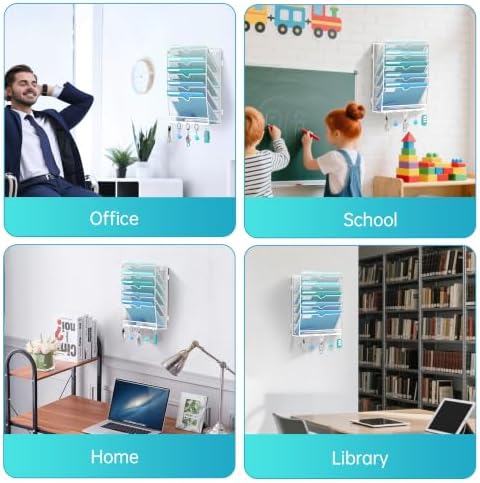 6 Tier Wall File Organizer - Hanging File Organizer with 5 Hooks, Mail Holder Wall Mounted for Papers, Folders, Magazines, Bills, Office&School Organization, White
