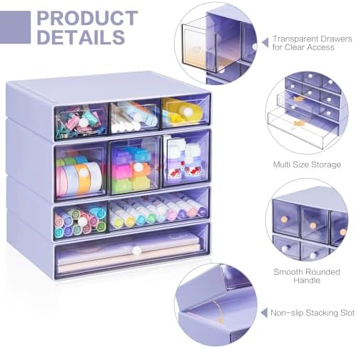 Desk Storage Organizer with 9 Drawers, 4 Tiers Stackable Desktop Craft Storage Drawers, Clear Storage Box Caddy for Stationary Makeup Jewelry Office Craft Supplies (Purple)
