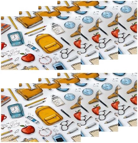 Shrahala School Bag Pencil Set of 8 12 X 18 Inch Linen Placemats, Notebook Clock Burlap Table Mat Washable Double Layered Heat Insulation for Indoor/Outdoor