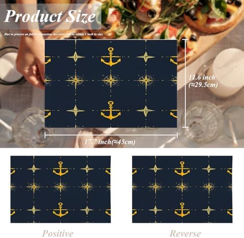 Shrahala Maritime Sea Sailing Symbols Set of 4 12 X 18 Inch Linen Placemats, Navy Blue Nautical Seamless Pattern Burlap Table Mat Washable Double Layered Heat Insulation for Indoor/Outdoor