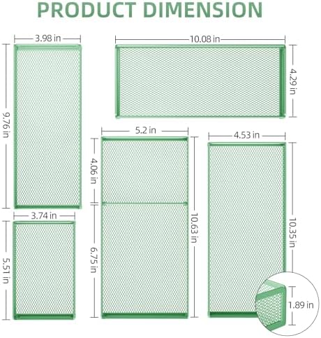 Marbrasse 5 Pack Desk Drawer Organizer Set, Mesh Drawer Storage Trays with 1 Adjustable Divider, Desk Organizers and Accessories, 5 PCS Drawer for Office Supplies, Makeup & Vanity (Green)
