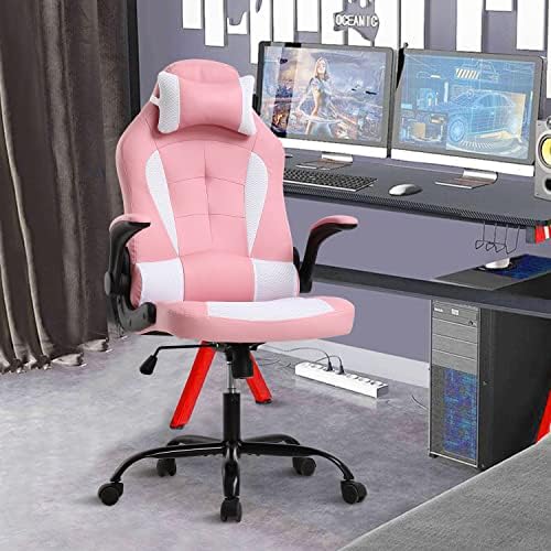 Pink Gaming Chair, PU Leather Gaming Chairs for Adults, Comfy Office Chair Ergonomic Desk Chair Computer Chair with Flip Up Arms, Swivel Reclining Gamer Chair, Height & Backrest Adjustable, 300 Lbs