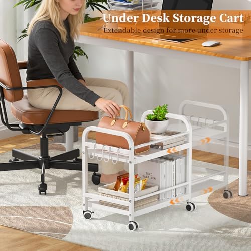 2-Tier Expandable Rolling Cart, Pantry Storage Cart with Wheels, Adjustable Rolling Pantry Floor Organizer, Metal Under Desk Cart, Sturdy Can Storage & Snack Organizer for Kitchen Pantry, White