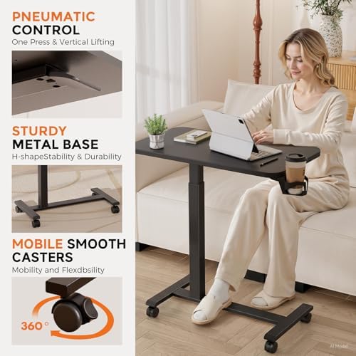 GTPLAYER Small Standing Desk with Lockable Wheels, Pneumatic Mobile Rolling Laptop Desk,Adjustable Height Overbed Bedside Table Computer Workstation for Home Office (32" W x 18" D, Black)