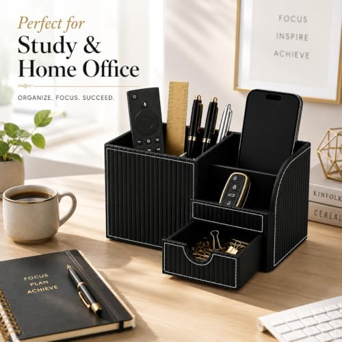 KINGFOM Executive Leather Desk Organizer with Drawer, Modern Black Desk Accessories for Men, Premium Office Desk Organizer with Pen Holder & Storage Compartments for Home Office