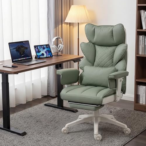 Dowinx Big and Tall Office Chair with Pocket Spring Cushion,High Back Computer Gaming Chairs with Adjustable Armrests,Executive Desk Chairs with Lumbar Support and Footrest,PU-Green