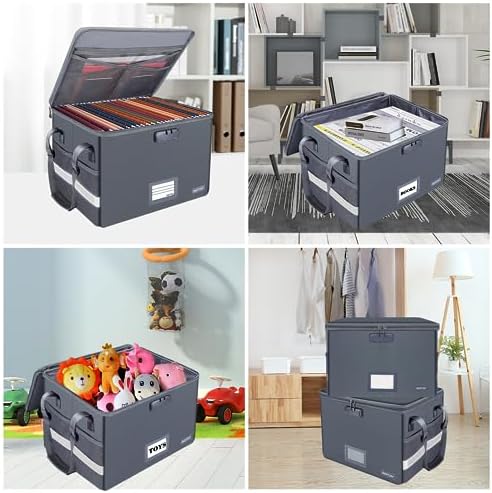 ENGPOW File Box with Lock, Fireproof Document Box with Zipper Lid, Collapsible File Organizer Storage Filing Cabinet with Handle, Portable Home Office Safe for Hanging Letter/Legal Folders, Grey