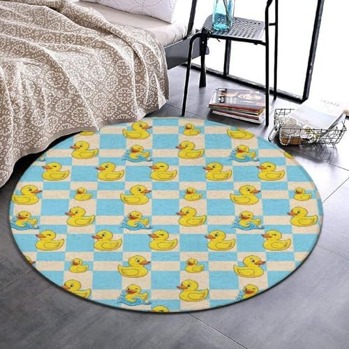 Women's Large Home Decor Mat, Soft Round Yoga Carpet, Non Slip Machine Washable Home Office Circle Rug Blue Checkered Funny Rubber Duck, 36inch