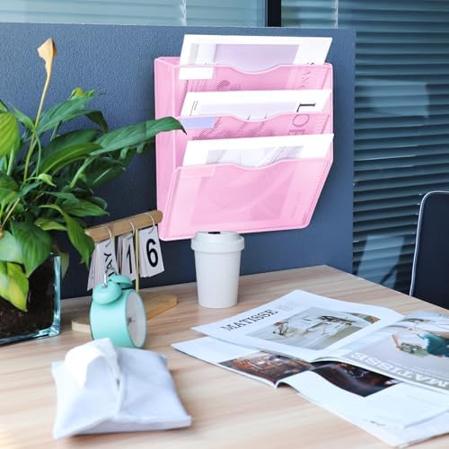 3 Pockets Mesh Wall File Holder Organizer Office Hanging File Folder Magazine Rack, Nametag Label Hooks Set Included (Pink)