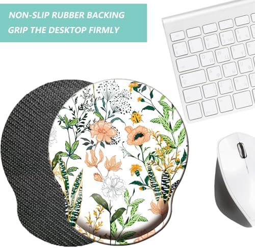 Mouse Pad with Wrist Support, Ergonomic Mouse Pad with Memory Foam Wrist Rest Cushion, Non-Slip Rubber Base Gaming Mice Pad for Home Office Computer Laptop, Flower White