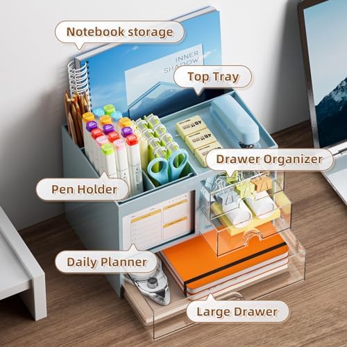 Marbrasse Desk Organizer with 3 Drawer, Multi-Functional Pencil Pen Holder for Desk, Desktop Organizer Storage for Office Home Art Supplies (Blue)