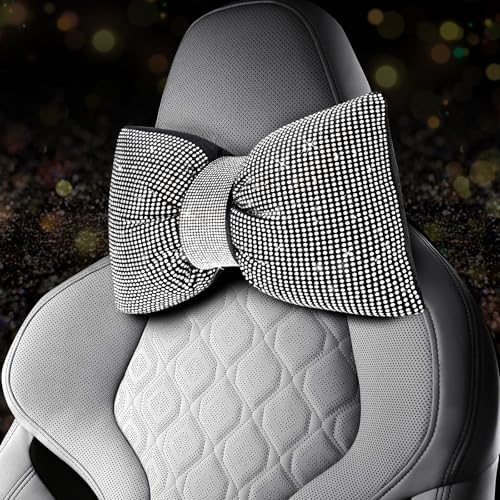 2 PCS Bling Car Pillows,Rhinestones Bowknot Car Headrest Pillow,White