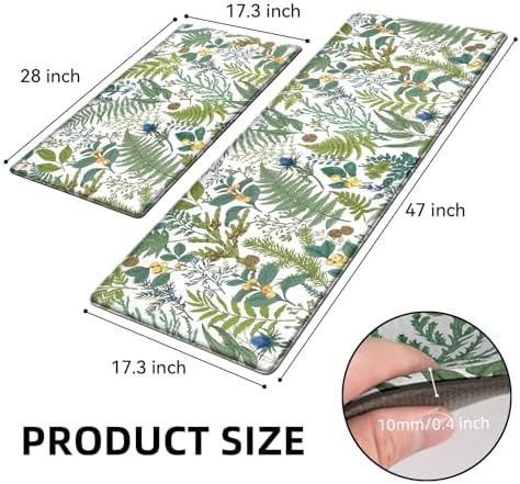 2PC Botanical Kitchen Rugs Set, White Green, 17.3"x28" + 17.3"x47"