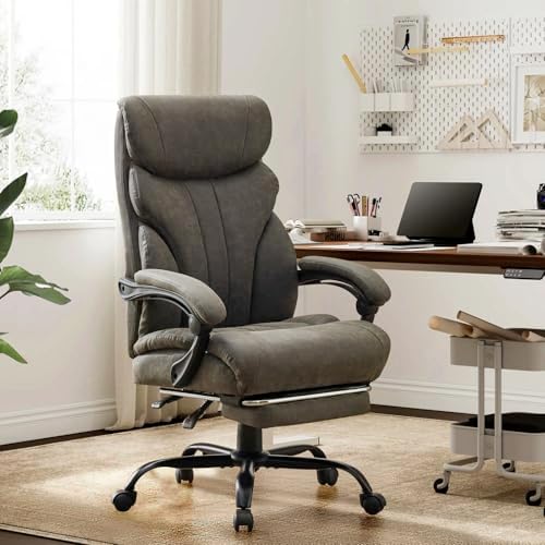 Big and Tall Office Chairs with Foot Rest,500LBS Wide Ergonomic Gaming Chair,100-135°Recline Executive Leather Computer Chairs with Adjustable Height,Gray