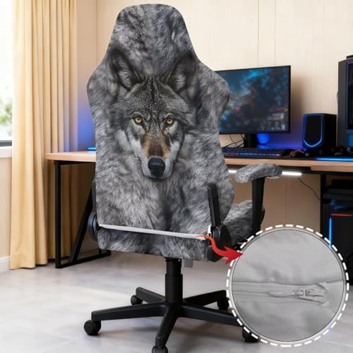 Wild Wolf Print Gaming Chair Cover with Armrest Cover Zipper Design Stretchable Universal Swivel Chair Protector Scratch Proof Washable Office Desk Chair Slipcover,4 Pcs