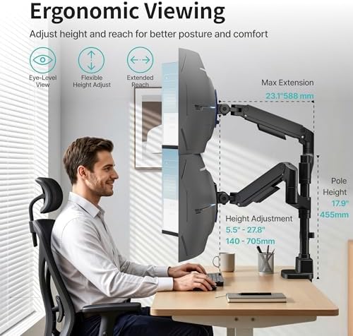Dual Monitor Arm for 17"-49" Monitors with USB, 44 lbs, VESA 75/100, Black