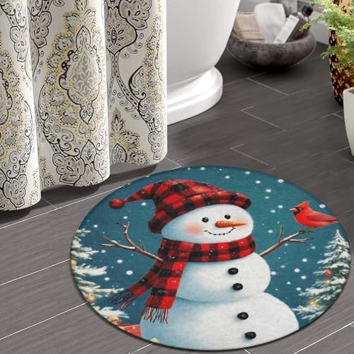 Soft Round Yoga Carpet, Office Chair Decor Round Mat for Carpet and Hardwood Floors Christmas Snowman
