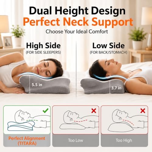 Cervical Neck Pillow for Pain Relief, Memory Foam Contoured Orthopedic Pillow for Sleeping, Dual Height 5.5/3.7 Neck Shoulder Arm Support – Ergonomic Cooling Pillow Side Back Stomach Sleepers
