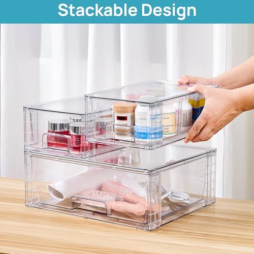 Vtopmart Clear Stackable Storage Drawers, 3 Pack Wide Organizer Set