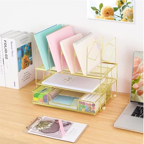 Desk Organizers and Accessories, 2-Tier Desk Organizer with Drawer, Gold