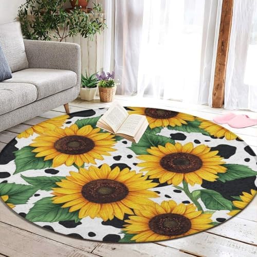 Machine Washable Modern Round Area Rug, Room Sofa Yoga Soft Round Carpet, Home Decor Non Slip Kitchen Office Circle Rug 80s Vintage Sunflower Cow Print, 24inch