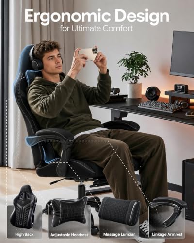 Ergonomic Gaming Chair with Footrest for Adults, Leather Mesh Black