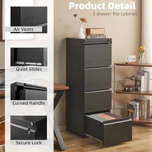 Guizeeopo Metal File Cabinet with Lock, Vertical 4 Drawer File Cabinets for Home Office, Heavy Duty Office Storage Cabinet for A4/Letter/Legal Size, Assembly Required(Black)