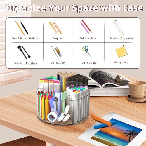 Absonic 500 PCS Acrylic Pencil Holder, 360 Rotating Clear Marker Organizer, Pen Crayon Marker Caddy Organizer for Desk, Desktop Storage and Organizer for Office School Art Supplies, 2 Pack