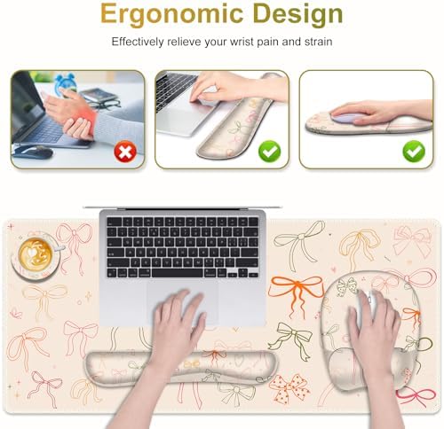 Apricot Mouse Pad with Wrist Support 4 in1 Set, XXL Big Game Mousepad + Keyboard Wrist Rest + Mouse Wrist Rest Pad +Coaster Gaming Mat for Home Office Work Computer I Colorful Cute Girl's Bow