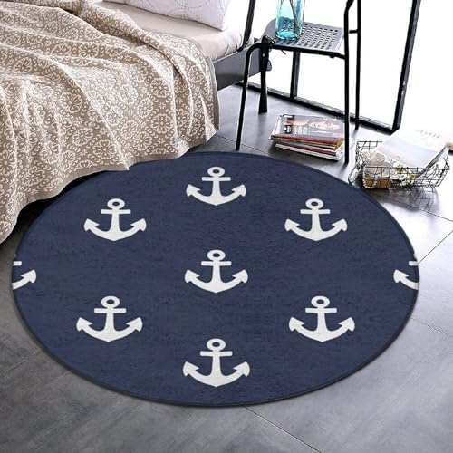 Room Sofa Yoga Soft Round Carpet, Home Decor Non Slip Kitchen Office Circle Rug, Machine Washable Modern Round Area Rug Nautical Anchor Navy