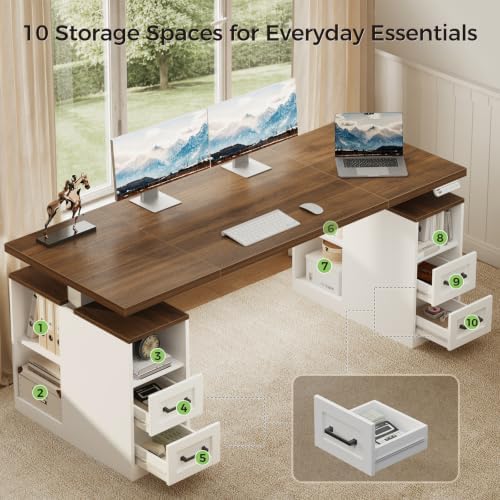OffiGo 63 Inch Farmhouse Standing Desk with Storage Drawers, Walnut White