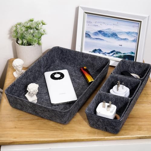 Felt Desk Drawer Organizer, 8pcs Shallow Storage Trays Bins, Office Accessories Box Inserts College Jewelry & Makeup Boxes Containers(Black)