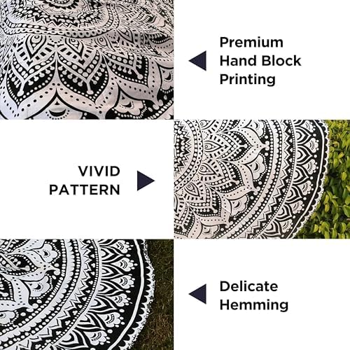 raajsee Grey Black Round Beach Tapestry Hippie/Boho Beach Blanket Mandala/Indian Cotton Throw - Round Tablecloth/Home Decor/Indie Rug Yoga Mat Meditation Picnic Rugs 127 CM / 50 INCHE Circle