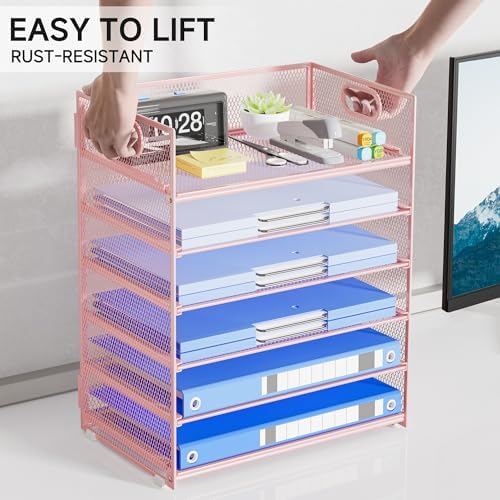 Pink Paper Organizer for Desk with Handle, 6-Tier