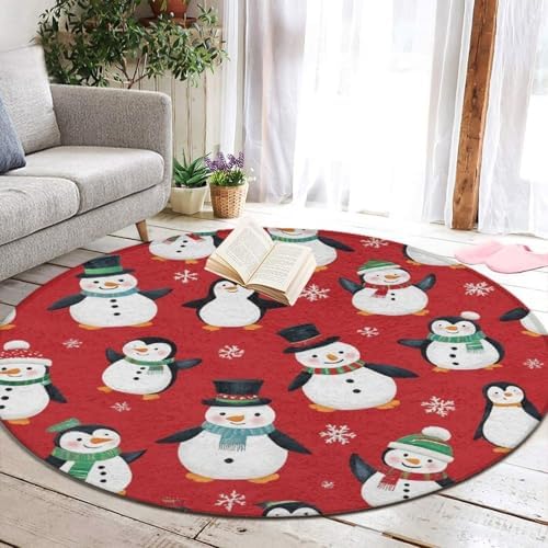 Fashion Round Area Rug Large Non Slip Carpet, Christmas Cute Penguin Snowman Red Unisex Home Decor Mat