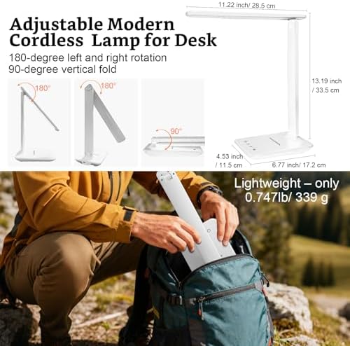 LED Portable Bright Rechargeable Desk Lamp, 4000mah Dimmable Touch Battery Operated Eye-friendly Desk Light With Charger, Adjustable Modern Cordless Table Lamps For Office Home Nail Craft Puzzle White