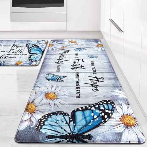 Likiyol Butterfly Floral Kitchen Rugs 2 Piece Farmhouse Kitchen Mats Cushioned Anti Fatigue, Non Slip Washable Kitchen Mats for Floor White Daisy Comfort Mat for Home Sink, 18'' x 30'' + 18'' x 48''