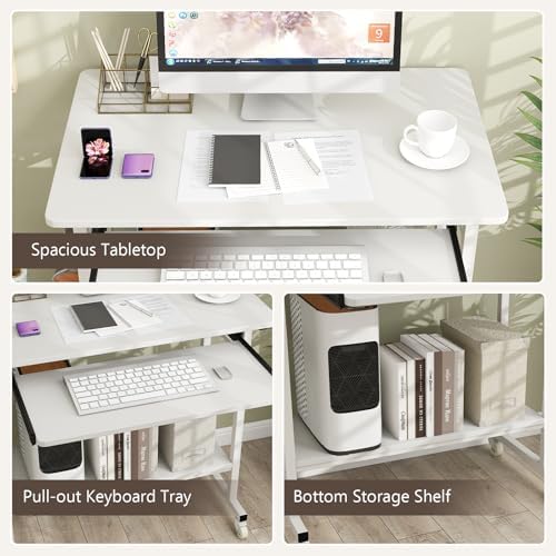Tangkula Rolling Computer Desk Cart with Keyboard Tray, Mobile Portable Laptop PC Desk with CPU Stand & 3 Hooks for Sofa & Bed, Compact Small Desk on Wheels for Small Spaces (White)
