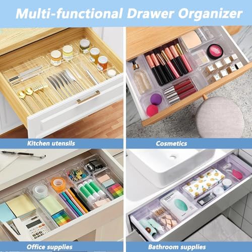 27 PCS Clear Drawer Organizer Set, 4 Sizes Desk Drawer Storage Bins, Divider Trays for Makeup, Vanity, Bathroom, Kitchen, Office