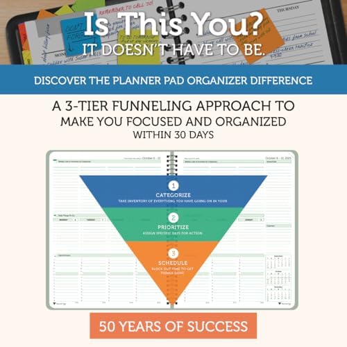 Planner Pad Spiral Bound 3-Tier Funnel Down 12 Month Organizer, October 2025 – September 2026, Greenish Grey Cover/Soft Green Ink, 8 1/2" x 11"