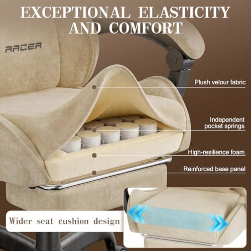 Soontrans Beige Velvet Gaming Chair with Embroidery Design