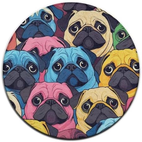 Fashion Round Area Rug Large Non Slip Carpet, Colorful Pug Dogs Funny Puppy Unisex Home Decor Mat