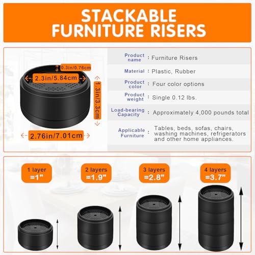 Furniture Risers Bed Risers Heavy Duty 1 inch, 2 inch, 3 inch, 4 inch Round Adjustable Bed Lifts Riser for Desk Legs Table Couch Sofa Chair Refrigerator Washing Machine (1+1 Inch, Black, 4 Pack)