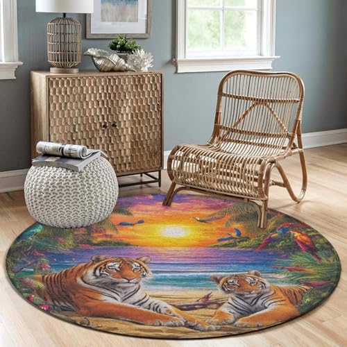 Home Decor Non Slip Kitchen Office Circle Rug, Machine Washable Modern Round Area Rug, Room Sofa Yoga Soft Round Carpet Tropical Tiger Animal World King Art, 60inch